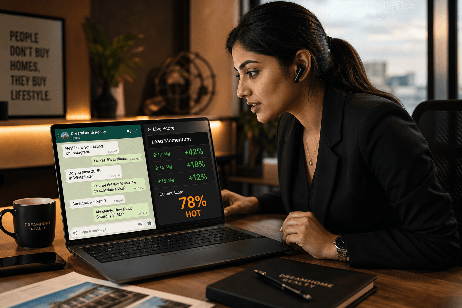 Live LCP feed showing lead score updating in real time as WhatsApp messages arrive