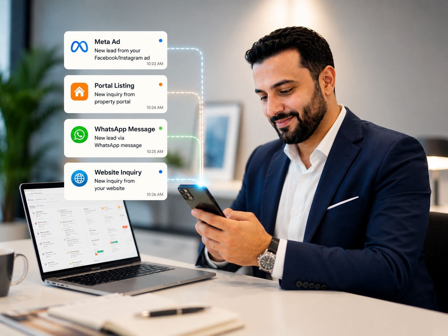 A real-estate professional checking WhatsApp lead notifications on a phone