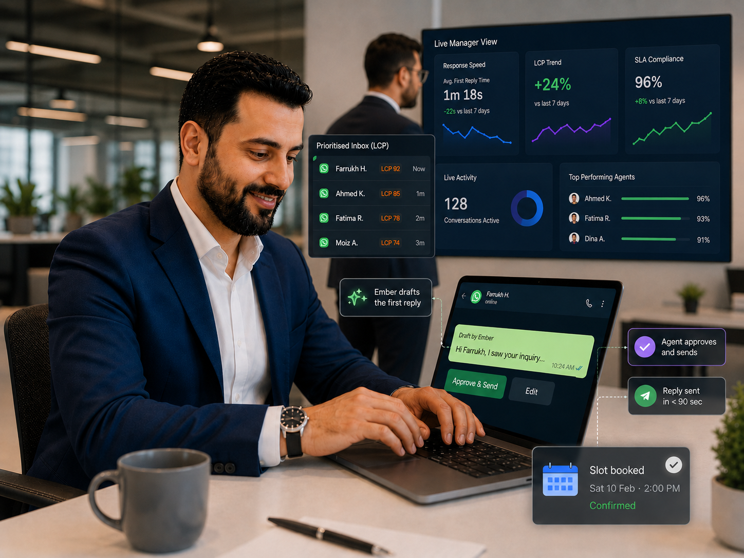 Agent at laptop sending WhatsApp reply while manager views team dashboard